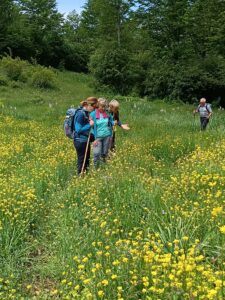 escursionisti in cammino in un prato tutto fiorito